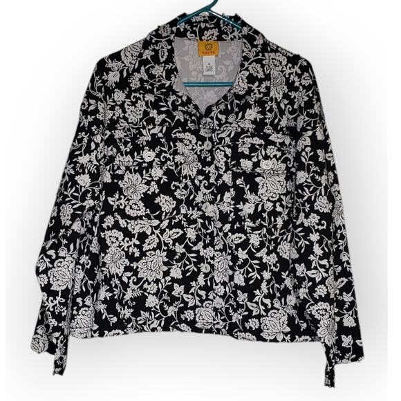 Ruby Rd. Plus Size 14 Jacket – Black & White Floral Stretch, Tie Waist, Pockets - Picture 1 of 6